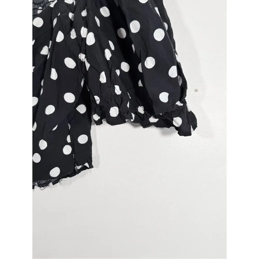 Zara Black White Polka Dot Faux Pearl Button Puff Sleeve Smocked Crop Top Small